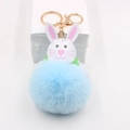Cute white bunny plush keychain with a large light blue fluffy fur ball and gold metal ring - Little Rabbit Plush Ball Pendant / Light Blue