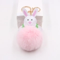 Pink plush bunny pompom keychain with golden metal ring and white leather detail - Little Rabbit Plush Ball Pendant / Light Pink