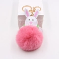 Cute white rabbit plush keychain with pink fluffy faux fur pompom and golden keyring - Little Rabbit Plush Ball Pendant / Peach Pink