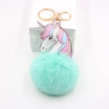 Close-up of mint green unicorn pompom keychain with golden metal ring and lobster clasp - Mint Green