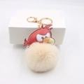 Portachiavi uccello in peluche con toppa in pelle rossa e pompon color crema su anello oro - Portachiavi Uccello Oro / Azzurro