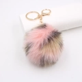 Porte-clés pompon tricolore en fausse fourrure rose beige gris avec anneau doré chic - Rose Mixte