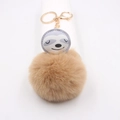 Porte-clés paresseux mignon avec visage en cuir PU et pompon en fausse fourrure marron - Khaki