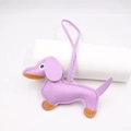 Detail of purple litchi grain leather dachshund charm with stitching and lanyard - Hanging Organizer Style / Taro Purple