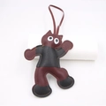 Detailed close-up of handmade burgundy lychee texture leather cat charm with yellow stitching - Purple Black