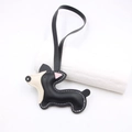 Detail of multi-layer Corgi leather pendant featuring contrast stitching and long lanyard - Black