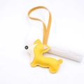 Detailed view of handmade Corgi dog leather bag charm with yellow stitching and long lanyard - Yellow