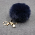 Detail of navy blue faux fur pompom keychain with golden clasp and sparkling crystal ball - (Rhinestone Ball) Faux Rabbit Fur-8CM / Navy Blue