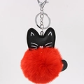 Detailed macro view of the black PU leather cat charm and fluffy red faux fur pompom keychain - 8cm Faux Rabbit Fur / Red