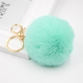 Cute mint green faux rabbit fur pom pom keychain with gold lobster clasp and ring - Mint Green