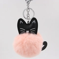 Cute black cat PU leather keychain with a soft pink fluffy faux fur ball pendant - 8cm Faux Rabbit Fur / Pink