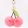 Pink faux fur cherry pom pom keychain with green leaf and golden metal clasp for bags - 8cm Faux Rabbit Fur / Deep Pink