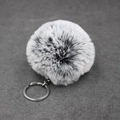Close-up of soft faux fur keychain with white and grey gradient faux rabbit fur texture - Faux Rex Rabbit Fur With Single Ring / Dark Gray Tipped Style