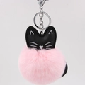 Llavero gato con pompón rosa de piel sintética y cabeza de gatito en cuero negro - Piel sintética de conejo Rex / Rosa Claro