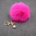 Detailed view of vibrant fuchsia faux fur pompom keychain with golden clip and crystal ball - (Rhinestone Ball) Faux Rabbit Fur-8CM / Rose Red