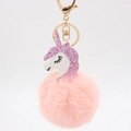 Pink unicorn pom pom keychain with glitter sequins and fluffy faux fur for handbags - Korean Pink