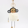 Cute monkey plush keychain with fluffy beige faux fur pompom and golden swivel hook - 8cm / Off-white