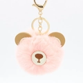 Detail of pink faux fur bear keychain with golden ears and lobster clasp on white background - 8cm Faux Rabbit Fur / Pink