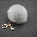 Detail of light gray faux fur keychain with gold lobster clasp and sparkling crystal ball - (Rhinestone Ball) Faux Rabbit Fur-8CM / Gray