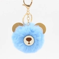 Close-up of light blue fluffy bear keychain with gold leather ears and metal lobster clasp - 8cm Faux Rabbit Fur / Light Blue