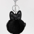 Detail of black PU leather cat keychain with soft faux fur pom-pom and silver metal clasp - 8cm Faux Rabbit Fur / Black