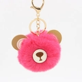 Close-up of fluffy pink faux fur bear keychain with golden metal clasp and leather ears - 8cm Faux Rabbit Fur / Rose Red