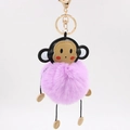 Cute cartoon monkey keychain with purple faux fur ball and gold metal clasp on white back - 8cm / Taro Purple