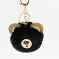 Macro detail of black faux fur bear keychain with golden metal clasp and leather ears - 8cm Faux Rabbit Fur / Black