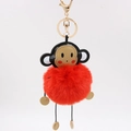 Cartoon red faux fur monkey pompom keychain with golden metal clasp for bags - 8cm / Red