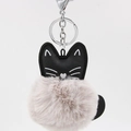 Close-up of black PU leather cat keychain with a soft light purple faux fur pompom - 8cm Faux Rabbit Fur / Light Gray