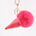 Detail of rose red faux fur ice cream keychain with pink leather waffle cone and gold clasp - Rose Red