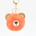 Detailed close-up of orange faux fur bear head keychain with gold metal hardware and leaf embroidery - 8cm Faux Rabbit Fur / Orange Red