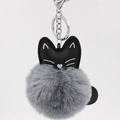 Detail of grey fluffy faux fur pompom keychain with black PU leather cat head and silver clasp - 8cm Faux Rabbit Fur / Dark Gray