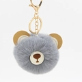 Detail of grey fluffy bear keychain with faux fur pompom and golden metal ring and clasp - 8cm Faux Rabbit Fur / Dark Gray