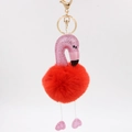 Porte-clés flamant rose à paillettes avec pompon en fourrure rouge et fermoir mousqueton doré - Rouge
