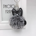 Detail of a cat-shaped PU leather keychain with a fluffy gray faux fur pompom ball - 8cm Faux Rabbit Fur / Two-tone Black