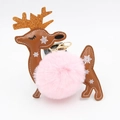 Porte-clés renne de Noël avec pompon en fourrure rose et bois dorés à paillettes - Rose Clair