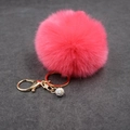 Detailed close-up of a fluffy rose red faux fur pompom keychain with a gold rhinestone ball - (Rhinestone Ball) Faux Rabbit Fur-8CM / Watermelon red