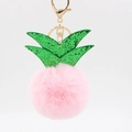 Pink pineapple faux fur keychain with green sequin leaves and golden metal clasp - Light Pink