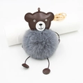 Cute brown PU leather bear keychain with grey faux fur pompom and gold metal clip - Dark Gray
