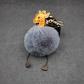 Gray fluffy giraffe keychain with golden metal ring and brown leather accents - 8cm Faux Rabbit Fur / Dark Gray
