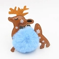 Close-up of reindeer faux fur pompom keychain with white stitching and gold glitter antlers - Light Blue
