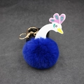 Détails du porte-clés pompon paon avec son fermoir mousqueton doré et anneau métallique - 8cm Fausse Fourrure de Lapin / Bleu Saphir