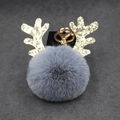 Close-up of a grey plush pompom keychain with golden sequin antlers and a metallic clip - 8cm Pompom / Dark Gray