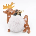 Detail of Christmas reindeer keychain with white faux fur pompom and golden glitter antlers - Light Gray