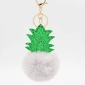 Pineapple plush keychain with green sequins and grey faux fur pom pom on gold ring - Light Gray
