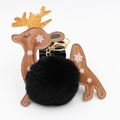 Christmas reindeer keychain with brown leather, gold antlers, and black pom-pom charm - Black