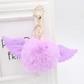 Purple faux rabbit fur pompom keychain with cute angel wings and golden metal clasp - Faux Rabbit Fur / Taro Purple