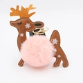 Christmas reindeer keychain with brown faux leather, white snowflake print and pink pompom - Pink