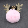 Portachiavi con pompon rosa e corna di renna dorate per borse da donna - Pompon da 8 cm / Rosa Chiaro
